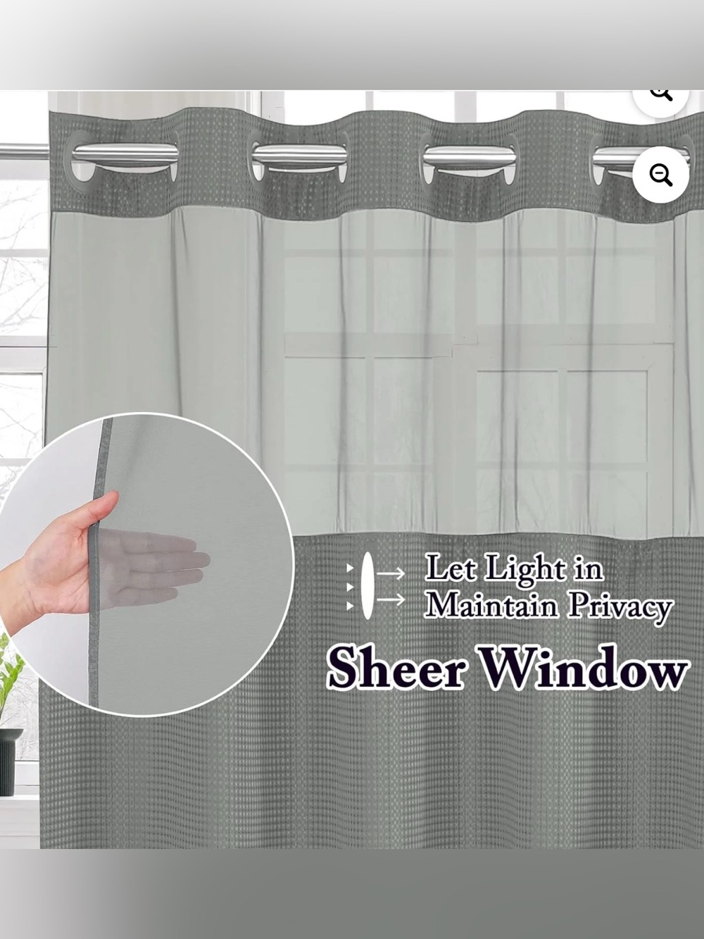 Hookless Sheer Window Poly Shower Curtain w/ Snap In Liner 70x60